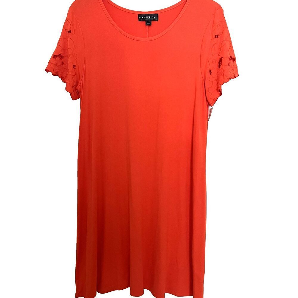 Harper 241 Dress L Orange Shift Short Sleeve Embroidered Casual T-Shirt NWT